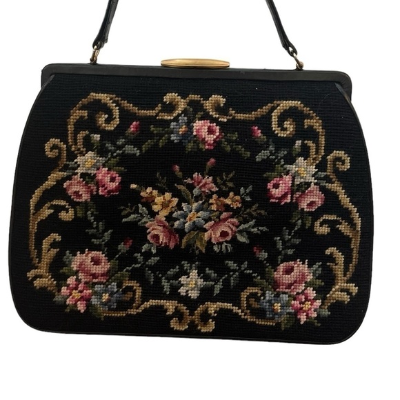 Vintage Tapestry Carpet Bag Purse Leather Trim Handle Large Floral Rare 1950s - Picture 2 of 13